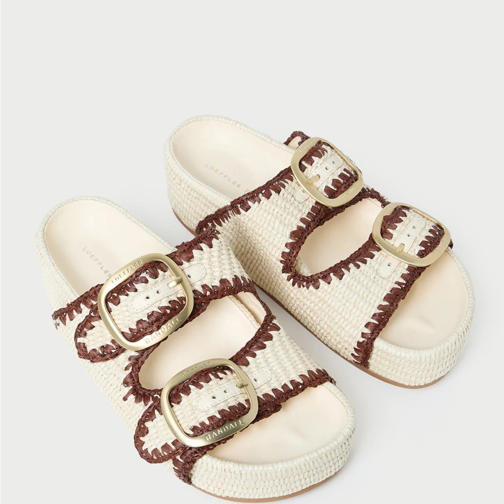 Loeffler Randall Cream and Brown Theo Buckle Sandals - Size 9